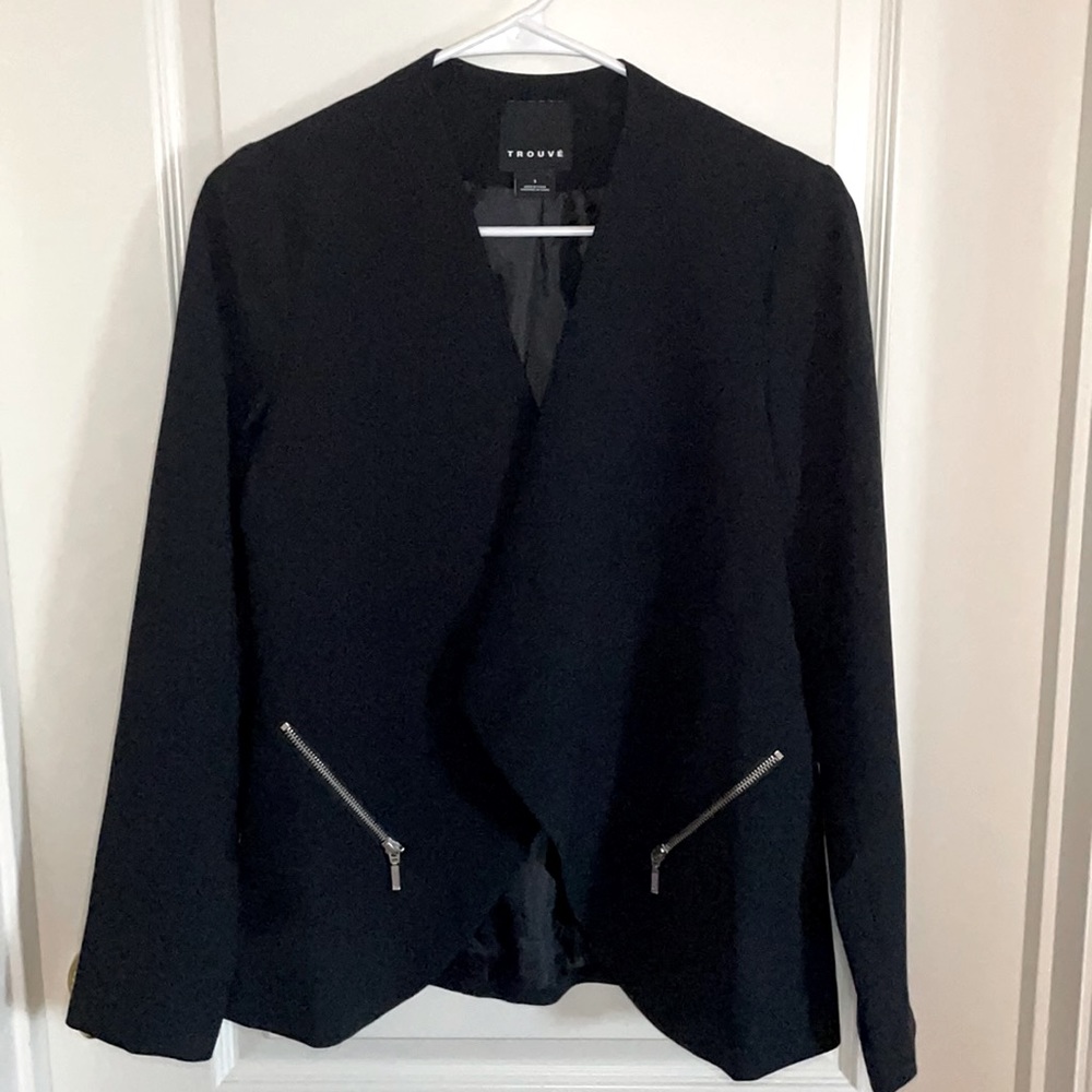 Black Open Front Blazer with Zippered Pockets